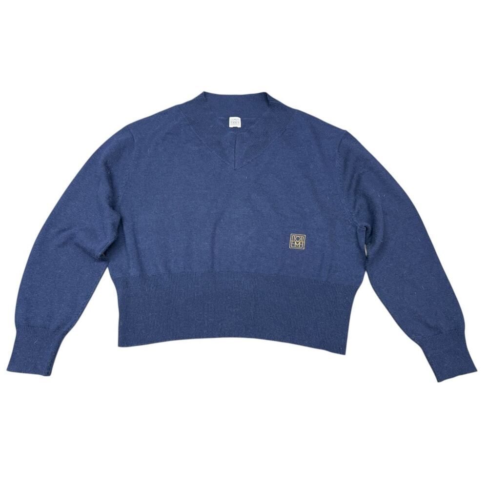 Toteme Fornell Sweater Navy Blue Merino Wool V Neck Logo Size M